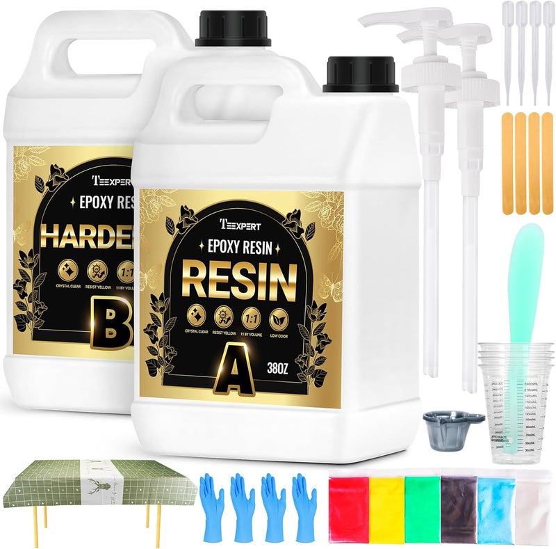 Teexpert Epoxy Resin Kit: 76OZ Casting Resin Crystal Clear Yellow Resistant Self Leveling for Art Craft DIY Jewelry Making with Pigment and Tools for Beginner Starter - Image 1